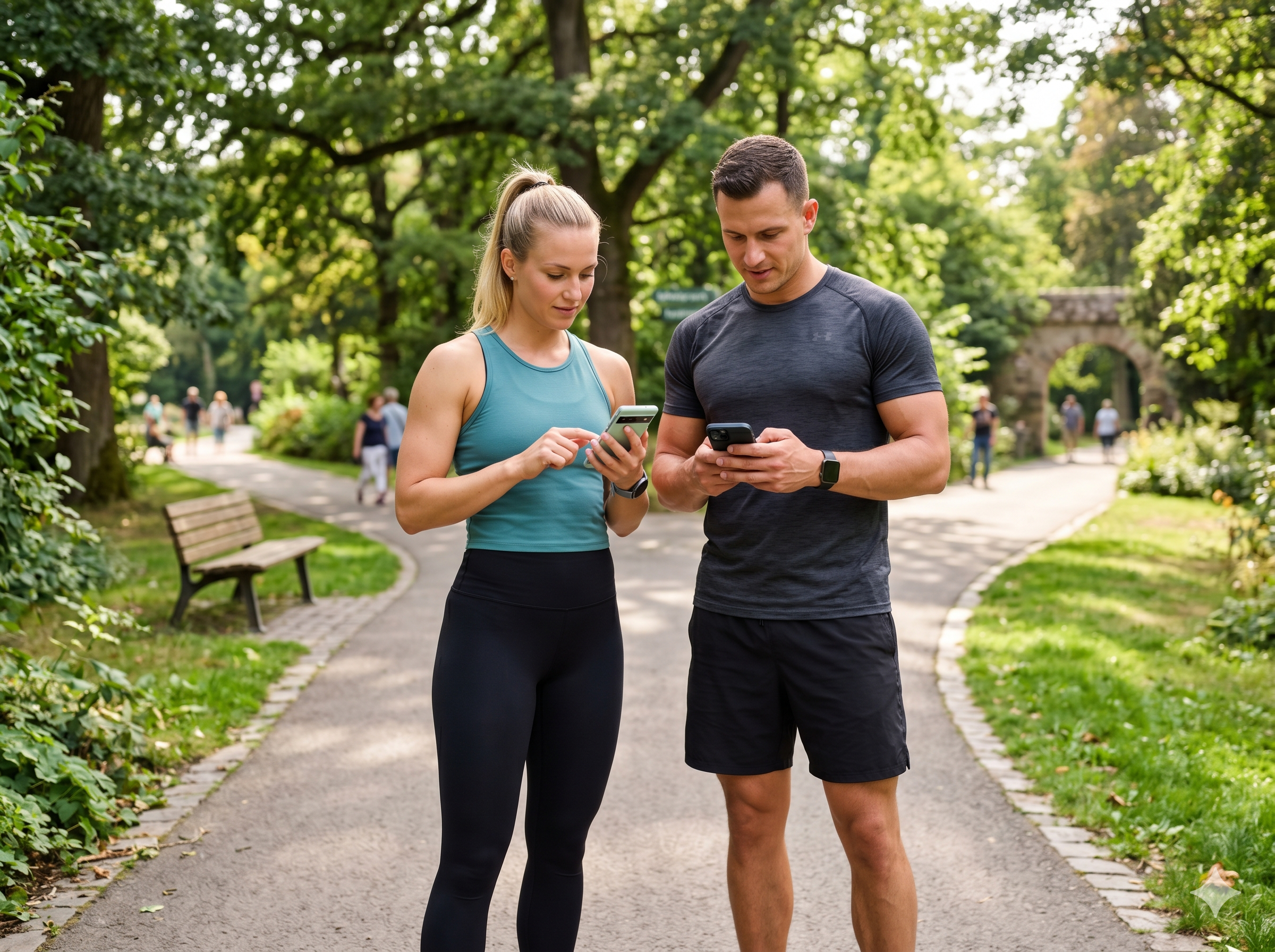 Fitnesskurse buchen in Deutschland - Frau und Mann im Park mit Smartphone